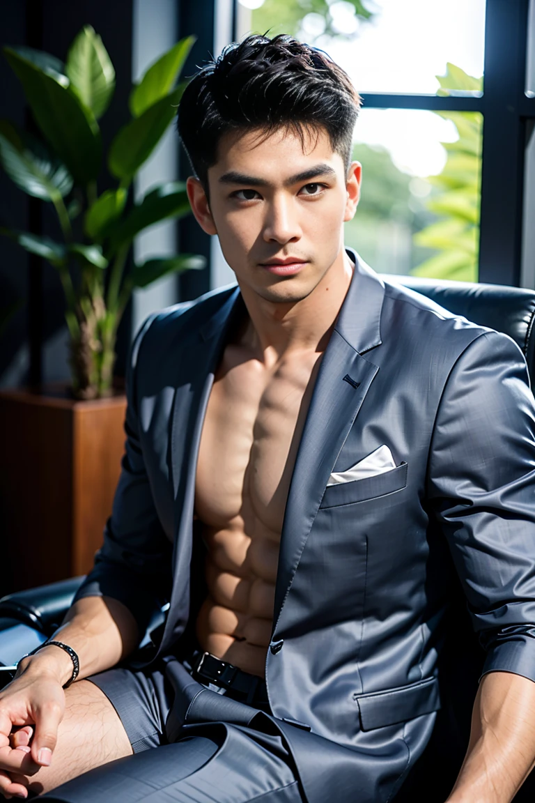best quality, masterpiece, 8K, HD, masculine, cute 30 year-old filipino gentleman, chubby baby-faced features, muscular, dark skin, stylish hair, glasses, tight business suit, exposed chest, big bulge, (grabs his bulge firmly), spread legs wide, tall indoor plants, front view, from below, looking directly at camera, very seductive smile, sexy, god rays, soft lighting, dynamic shadows, sharp focus,  full body, fil frame, perfection, no watermark