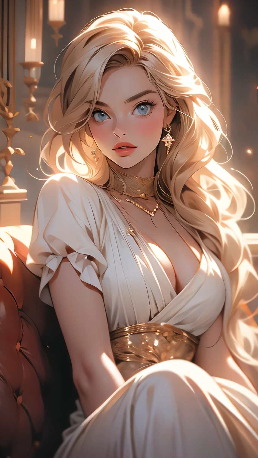Makima with Margot Robbie's face (Chainsaw Man), highest quality, Very detailed, 1 girl, alone, Standing ceremony, Redhead, Long braided hair, Golden Eyes, bangs, Very small pointy breasts, White shirt, tie, Looks lewd,, (bad: 1.2), Looking at the audience, (Face to face: 1.3), (Dark Background, rock: 1.3), From above, Crisp contrast, Beautiful fine details, Sleeping girl,See-through,Wearing high heels,The happi coat is open