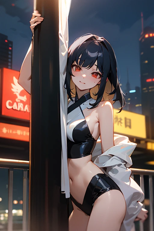 ((mejor calidad)), ((Obra maestra)), (detallado), cara perfecta, Joven de cabello negro largo y lacio, ojos rojos, pale skin, asian factions, 19 years, esbelta, busto mediano, bonitas curvas, estilo anime, elegante, only character in the image, red eyes, waiting for you, cute face, sexy, pole dance clothes, night club, doing pole dance, night, club, black hair