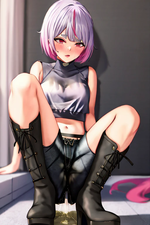anime, best quality, high quality, highres, beautiful women, high detail, good lighting, lewd, hentai, (((bike shorts))), (leather halter top), (bare midriff), (cameltoe), (((leather thigh high heel boots))), (wet shorts), (((wetting herself))), (((peeing herself))), (((peeing self))), (pee streaming down legs), peeing stain, (puddle), (thick thighs), nice long legs, lipstick, detailed face, pretty face, humiliated, embarrassed, hihelz