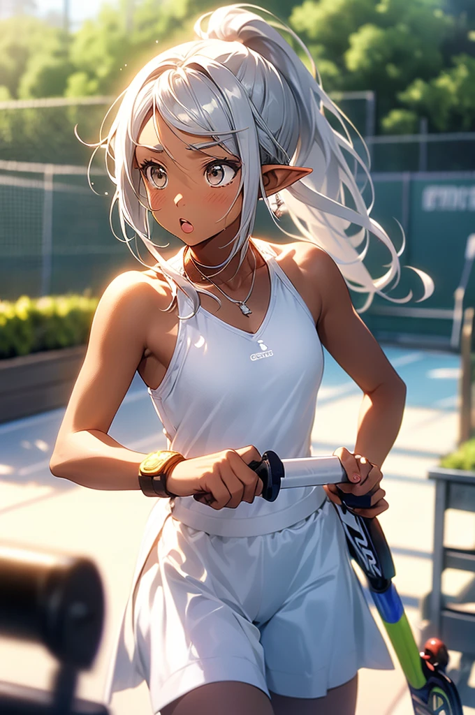 One elf woman, tanned brown skin, beautiful silver hair, pointed ears, upper body depiction, ponytail, tennis wear, tennis court, sweats, swinging a tennis racket. serious look, her lips open,