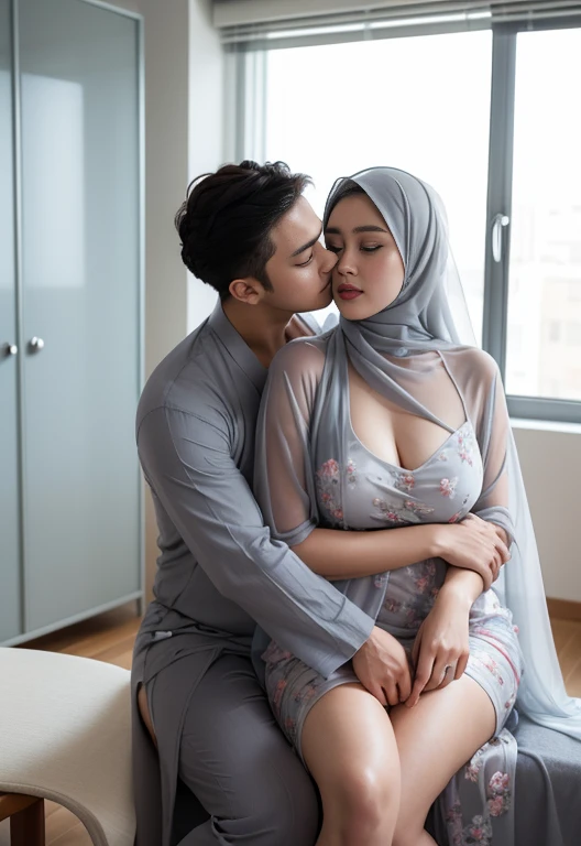 A romantic couple in a hug and kissing, featuring a young Indonesian woman in a grey hijab long pashmina, super transparent robe floral gamis, unbuttoned loose opened clothes, slightly chubby, sitting on the lap of a stylish man in a nude body, in the middle of room office, background inside office