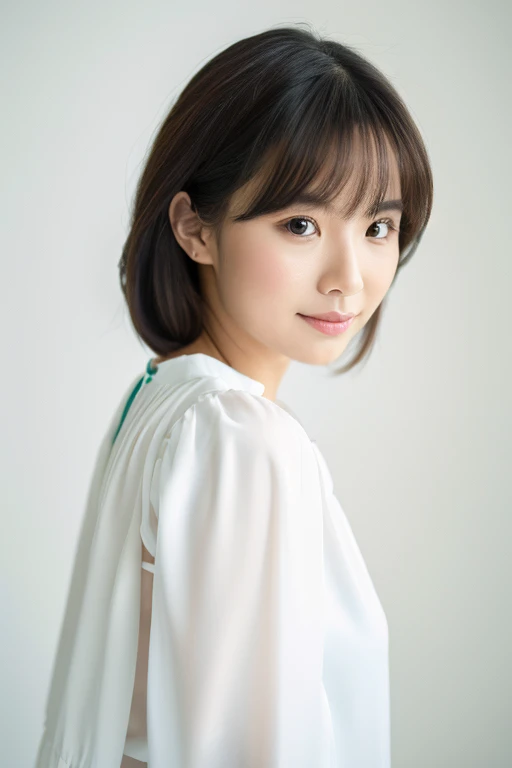 Best quality, 1 beautiful woman, wearing a white blouse, 35mm lens, f/ 1. 8, looking at viewer, white background