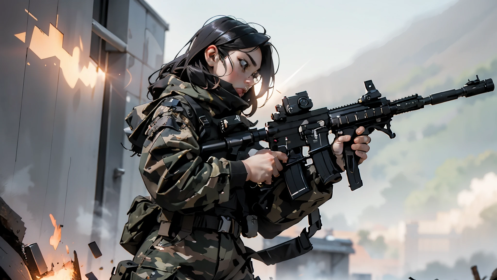masterpiece,highest quality, Lens flare, Depth of written boundary, (close:0.8),One girl ,Are standing, Have a weapon, holding rifle, Target your audience,gun, h&HK416, assault rifle, rifle, fire, Firing,