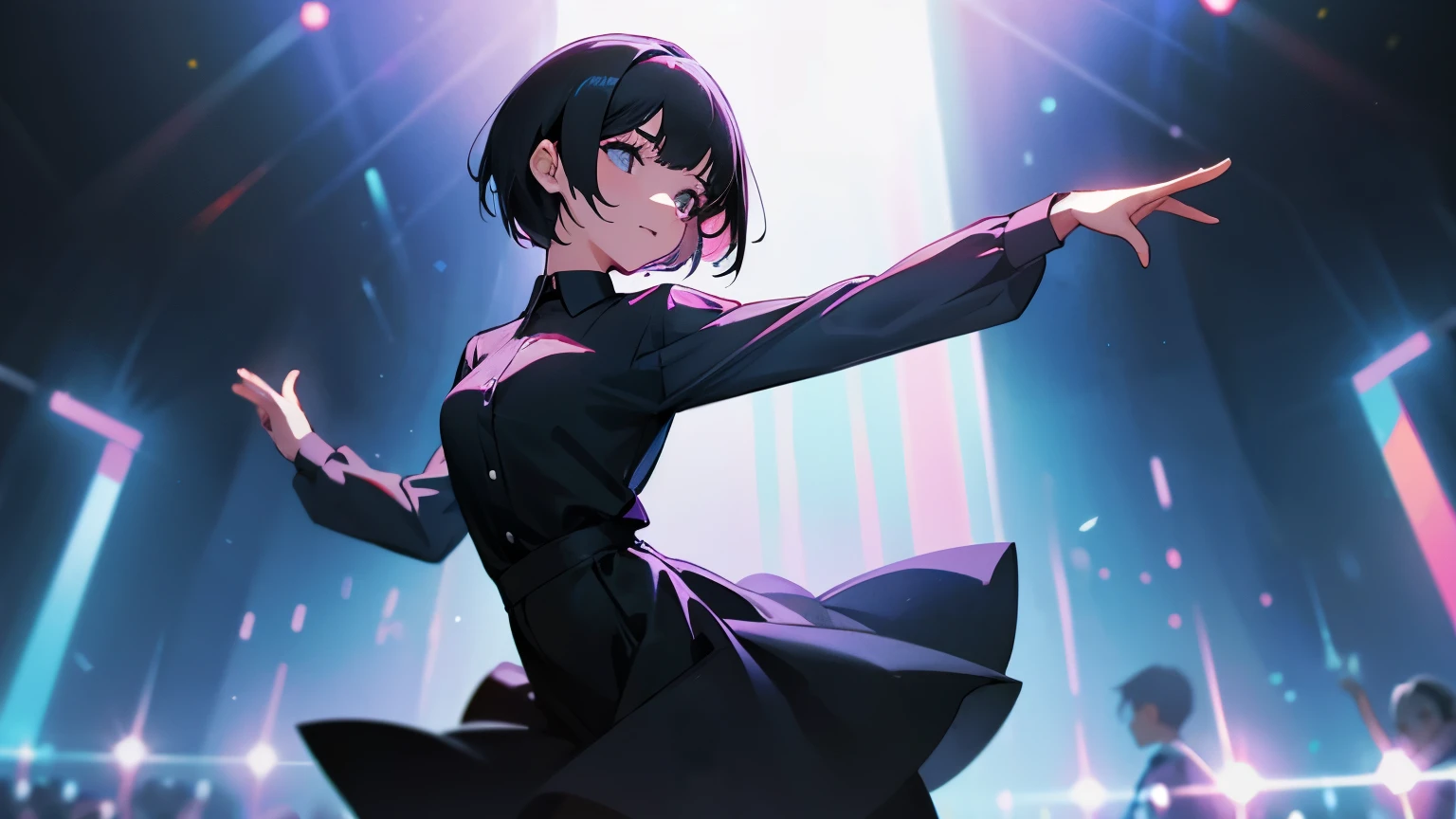 A short-haired woman in black clothes dancing at a disco with customers