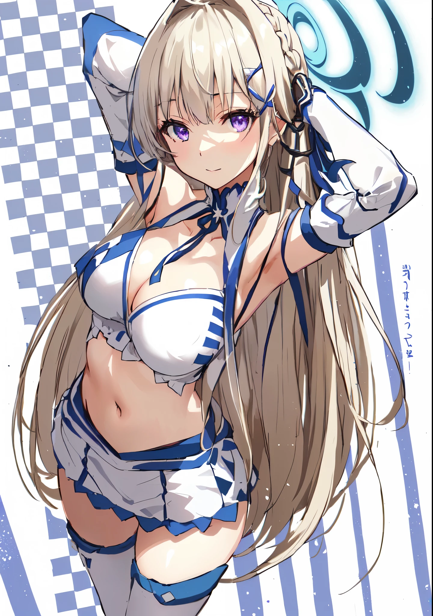 Emilia re:zero, purple eyes, Emilia, crown braid, x hair ornament, flower hair ornament, white hair, long hair, medium breasts, anime girl in a blue and white outfit posing for a picture, twintails white_gloves, seductive anime girl, pixiv, at pixiv, anime girl with long hair, waifu, pixiv 3dcg, cushart kenz, kantai collection style, top rated on pixiv, biomechanical oppai, anime woman fullbody art