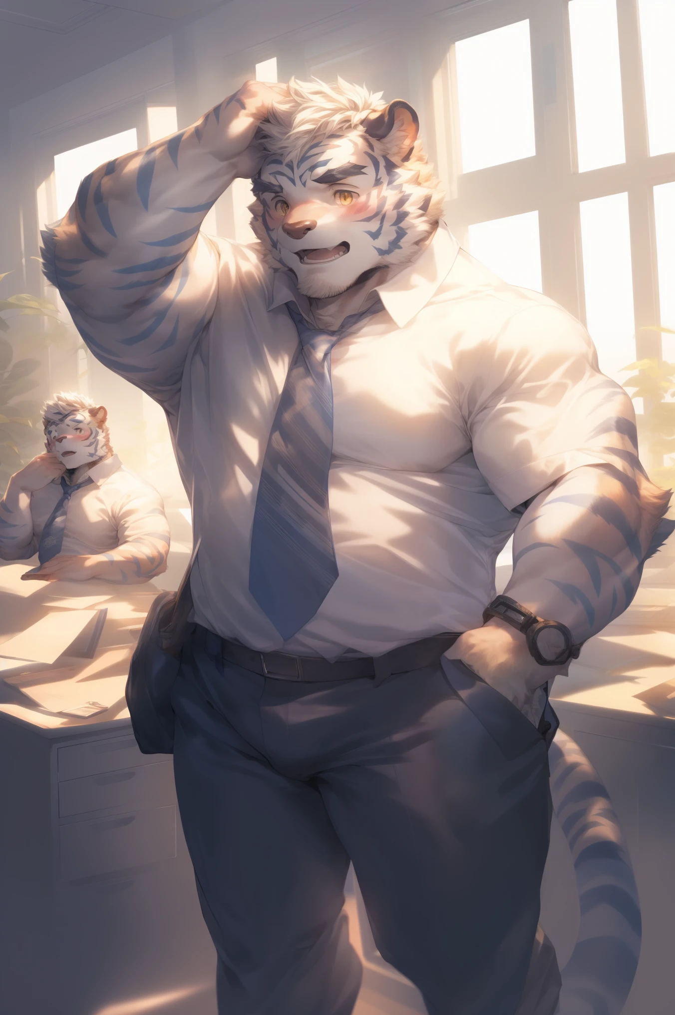 (through empty ghost, From thebigslick, through dark gems, Will chase), Keyuan Tower (Onmyoji Daisenji Temple), High quality photos, Perfect anatomical structure, Anthropomorphic white tiger, Men, 30 years old, thick eyebrows, Short beard,(short hair:1.5), Light blue stripes, Strong body, pectoralis major, Light grey shirt, Light blue tie,White stripes,Dark trousers, Small bump, In a modern office, One arm raised, touching heads, Shy expression, blush, Golden pupils, Look up at the audience, Clear facial features, Strong, Solitary, Front view, Full body image, Fog atmosphere, sunshine through window,Shutters,Indoor greenery,document柜,document,Copier,Fax machine, etc.,Correct gestures