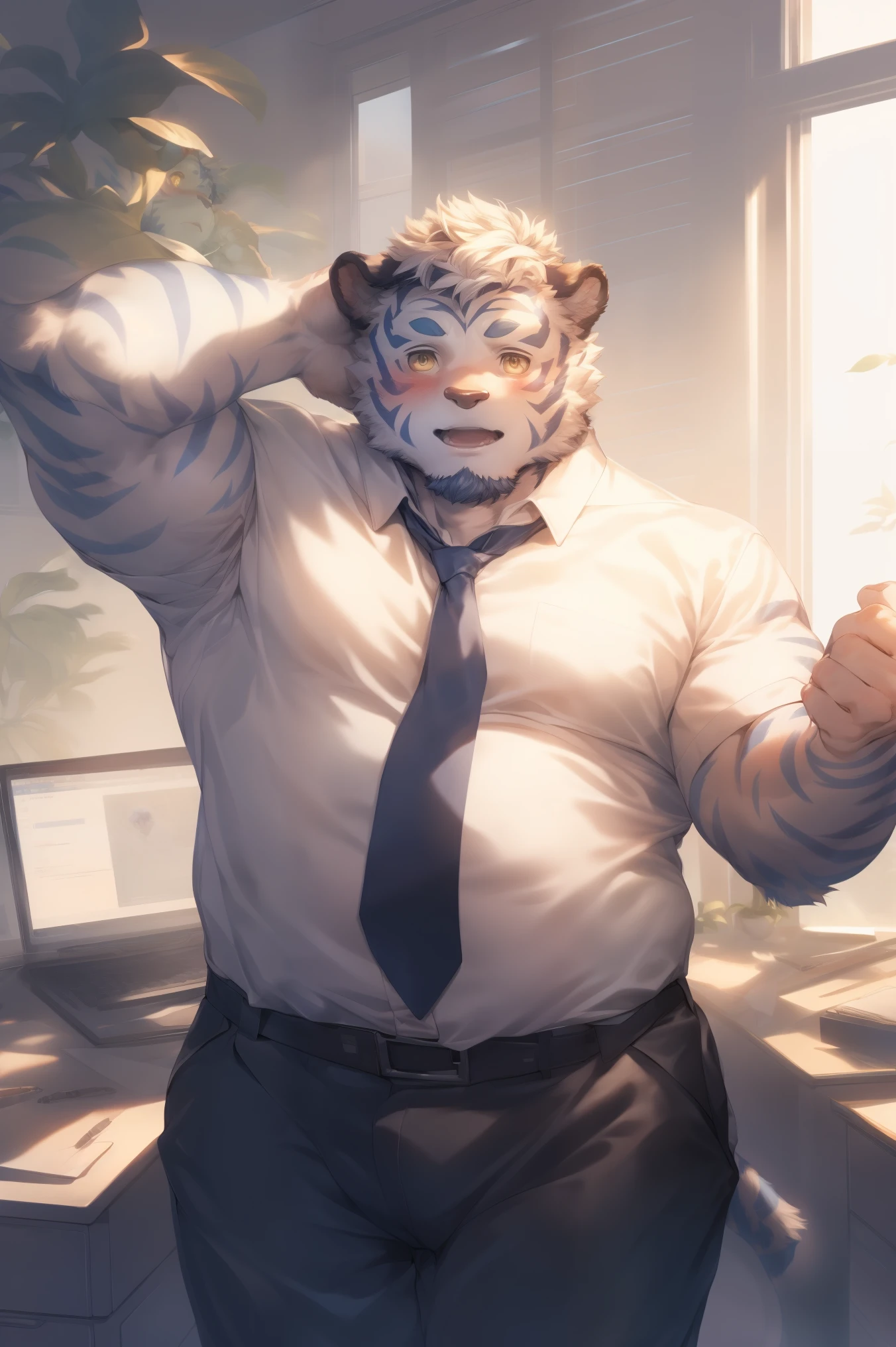 (through empty ghost, From thebigslick, through dark gems, Will chase), Keyuan Tower (Onmyoji Daisenji Temple), High quality photos, Perfect anatomical structure, Anthropomorphic white tiger, Men, 30 years old, thick eyebrows, Short beard，(short hair:1.5), Light blue stripes, Strong body, pectoralis major, Light grey shirt, Light blue tie，White stripes，Dark trousers, Small bump, In a modern office, One arm raised, touching heads, Shy expression, blush, Golden pupils, Look up at the audience, Clear facial features, Strong, Solitary, Front view, Full body image, Fog atmosphere, sunshine through window，Shutters，Indoor greenery，document柜，document，Copier，Fax machine, etc.，Correct gestures