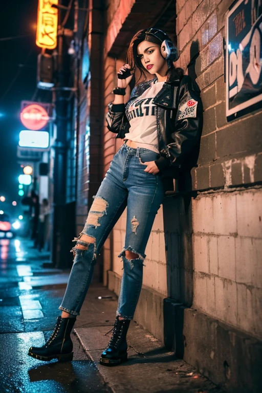 (film stock), (extremely detailed CG unity 8k wallpaper) full body portrait of a cyberpunk woman leaning on a wall in cyberpunk city street at night, (action scene), (wide angle), ((Night time)), city lights, ((neon cyberpunk city street:1.3)), (neon lights), stars, moon, (film grain:1.4), colored lighting, full body, cyberpunk woman in a futuristic city in a cyberpunk city, (hands in pockets), (leaning on wall), dynamic pose, ((rgb gamer headphones)), ((tanned skin:1.3)), ((angry)), (angry eyebrows), scowl, (e-girl blush:1.2) long hair, (freckles:0.9), detailed symmetrical face, (dark crimson hair:1.2), short hair, (messy hair bun), (undercut hair:1.4), punk girl, ((tattoos)), alt girl, ((face piercings:1.2)), ((fingerless gloves)), (brown eyes), many rings, reflective eyes, makeup, (red lipstick), (shiny lips), (white sclera), (sweat), ear piercings, detailed lighting, rim lighting, dramatic lighting, chiaroscuro, (white band shirt), ((ripped denim bomber jacket:1.1)), (jean jacket), long sleeves, bracelets, (torn blue jean pants:1.2)), (mom jeans), brick wall, (polluted sky), wall graffiti, ((doc martens)), ((combat boots)), (black shoelaces, muddy boots, (from below:1.2), (wide angle lens), professional majestic impressionism oil painting by Waterhouse, John Constable, Ed Blinkey, Atey Ghailan, Studio Ghibli, by Jeremy Mann, Greg Manchess, Antonio Moro, trending on ArtStation, trending on CGSociety, Intricate, High Detail, dramatic, makoto shinkai kyoto, trending on artstation, trending on cg society,
