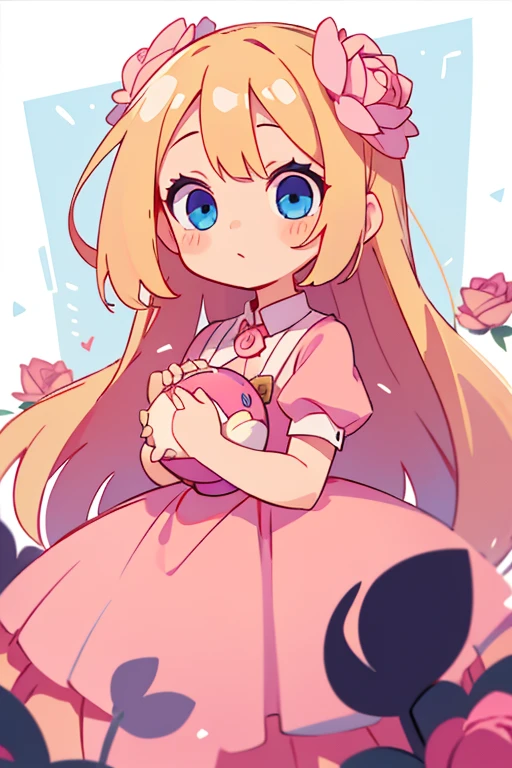 Chibi drawing, young girl, long blond hair, pink bal dress, rose behind her, blue eyes