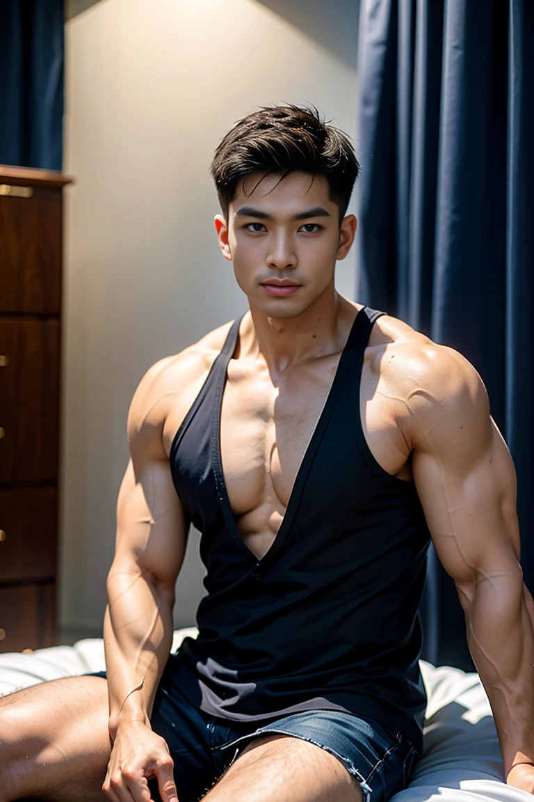 masterpiece, best quality, high quality, Extremely detailed CG Unity 8K wallpaper, Depth of Field, HDR,,Realistic portraits,Very detailed, 1 man, Asia, Black short hair (Wearing walking summons),Big bump， Chest muscles,Chest muscles肿胀， Muscles of the upper arms, Blood vessel, Big muscles, Broad shoulders, Sitting on the bed looking at the audience, balance eyes, (eye contact)