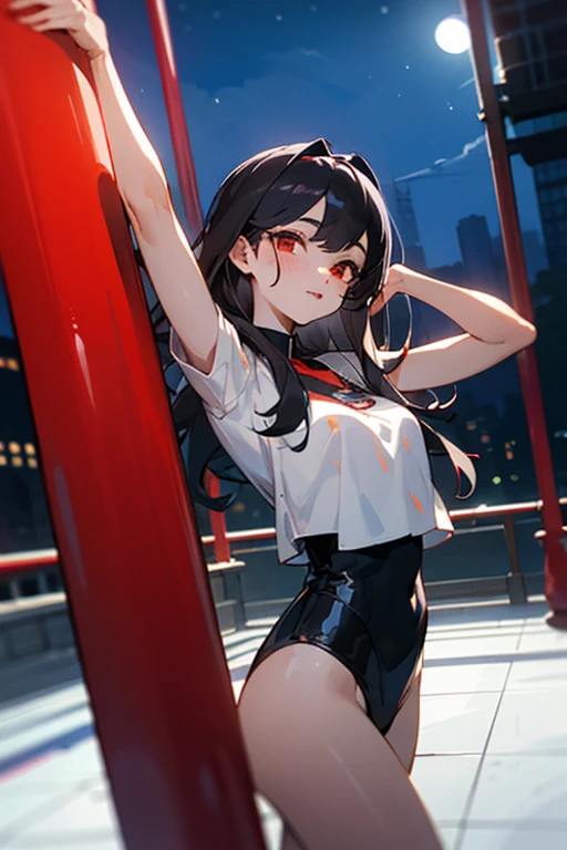 ((mejor calidad)), ((Obra maestra)), (detallado), cara perfecta, Joven de cabello negro largo y lacio, ojos rojos, pale skin, asian factions, 19 years, esbelta, busto mediano, bonitas curvas, estilo anime, elegante, only character in the image, red eyes, waiting for you, cute face, sexy, pole dance clothes, night club, doing pole dance, night, club, black hair, pole dance pose