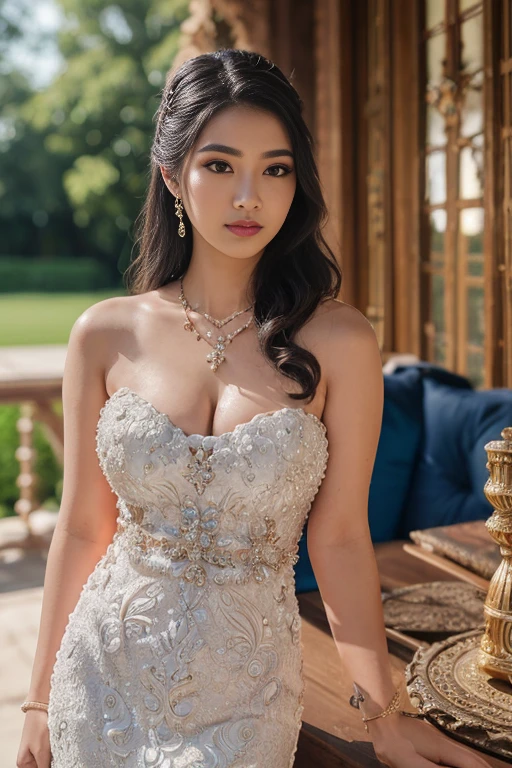 best quality, masterpiece, table shots, 1girl, Javanese white bridal kebaya, kebaya gown, long straight hair, blue black hair, jasmine ornament on hair, lux necklace, glamorous jewelry, Blushy face, tyndall effect, photorealistic, ample cleavage, (puffed_breasts, bright big_breast), sun-tanned lighting, full body, (high detailed skin:1.2), 8k uhd, dslr, RAW photography, high quality, high resolution, 8k, bokeh background 