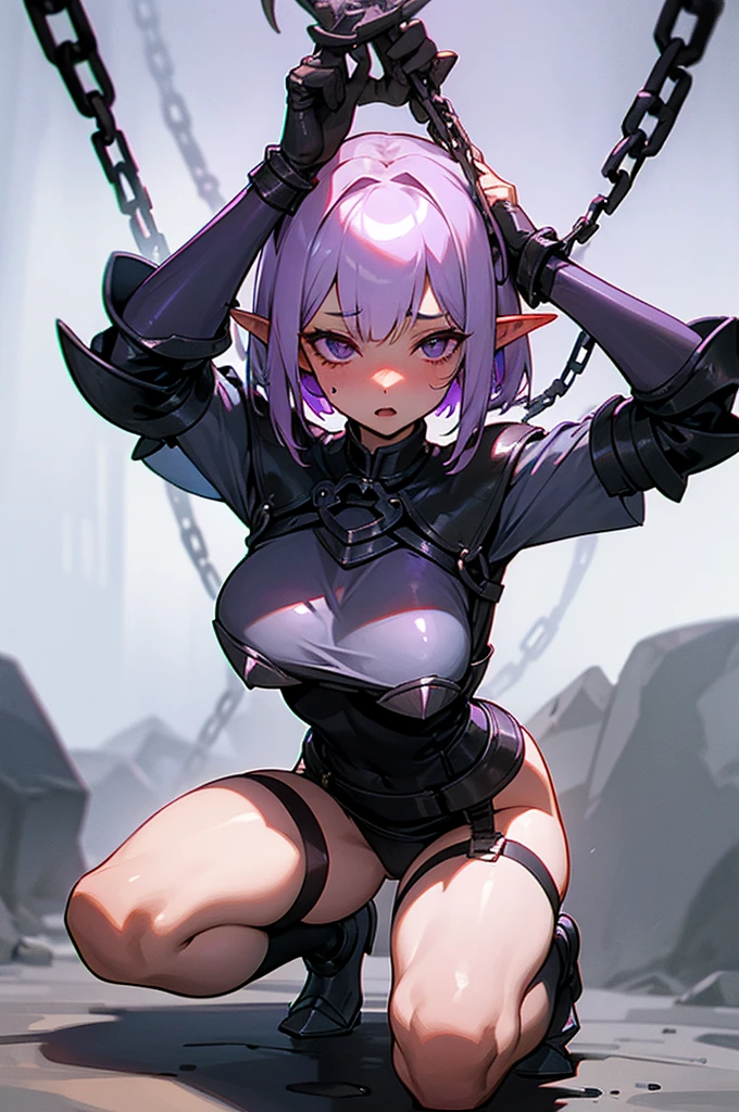 Only One Woman、Dark Elf、Light purple hair、Dark Skin、Sharp, pointed ears、Short Bob、short hair、Large size breasts、female knight、Wearing armor、garter belt、Urinating in a cave、Spread your legs、Squat positions、Closed、Open your mouth、Blushed face、Embarrassing、Shortness of breath、Suppressed、Handcuffs、Shackles、Bound in chains、Hands above head