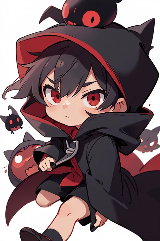 chibi drawing, hooded man, black mage, red eyes, black hair, without background