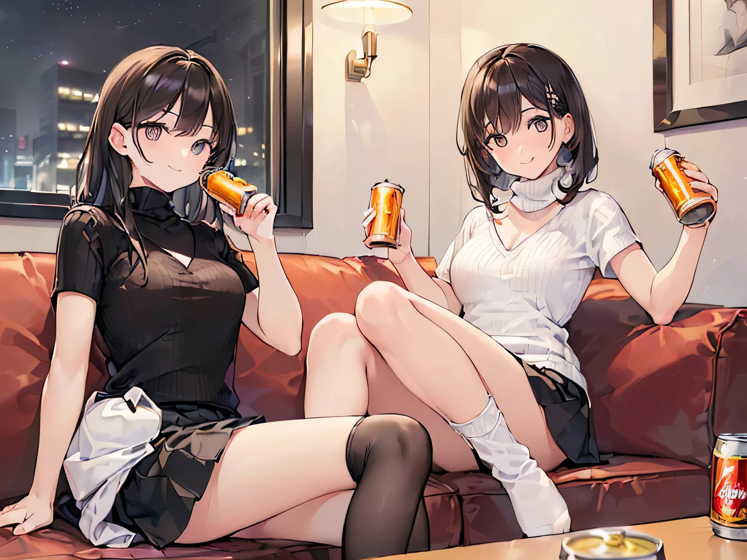 (Masterpiece, top quality, high resolution, realistic photo, realistic looking skin:1.1),
(Two women are drinking canned beer in the living room of an apartment building in the middle of the night:1.5),
(They have smiling faces:1.5),
(The first is wearing a short-sleeved V-neck knit, a mini-skirt, white socks, short brown hair, and is active:1.5),
(The second wears a short-sleeved turtleneck knit, a mini-skirt, white socks, long black hair, and is of the ladylike type: 1.5),
(The time is midnight:1.8),
(Location is a sofa in the living room of an apartment:1.5),
Full-bodied Esbian, beautiful eyes, glowing eyes, glowing thighs, NSFW