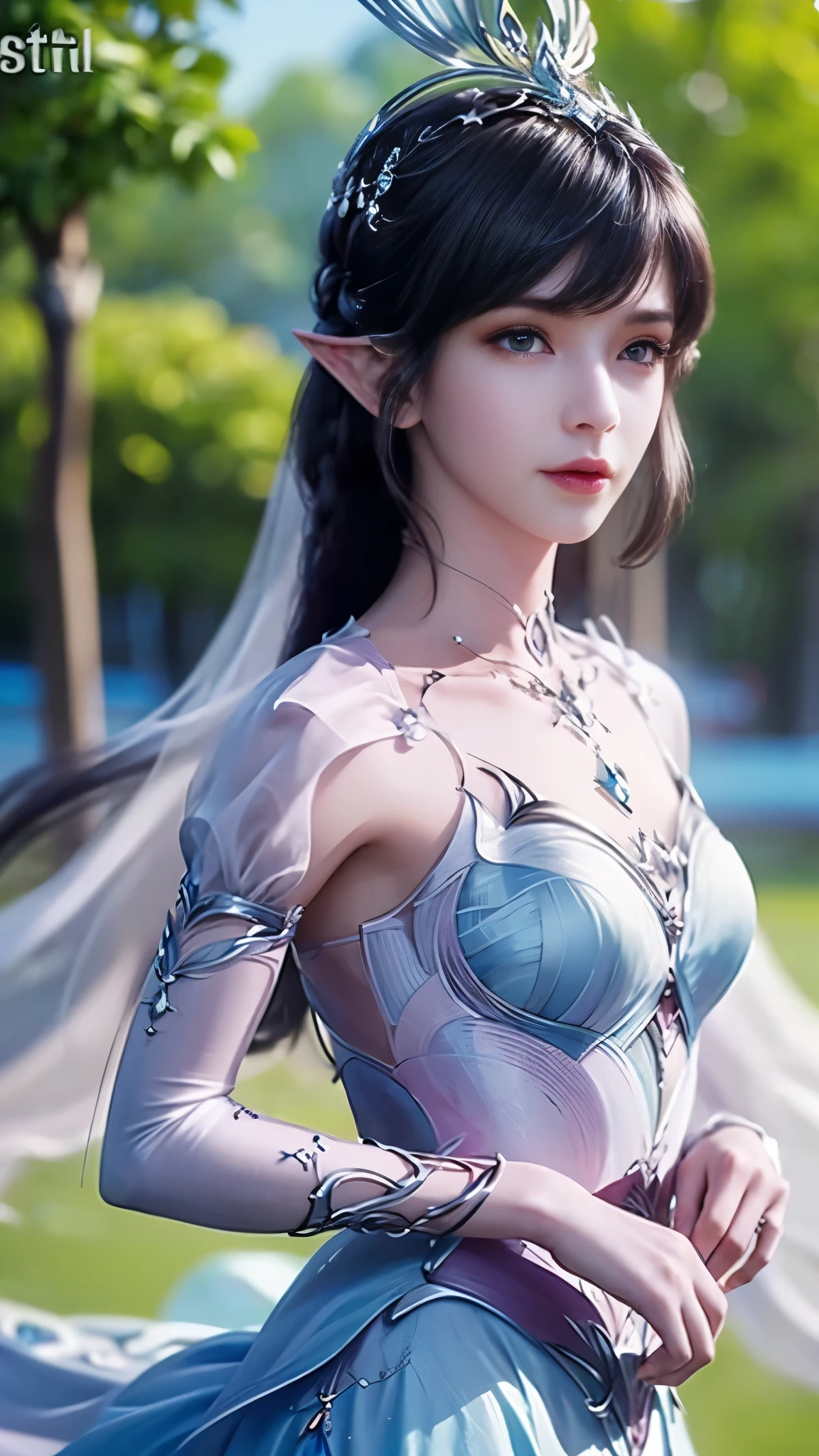 8k, masterpiece, a close up of a woman in a blue dress, a beautiful fantasy empress, beautiful fantasy maiden, fantasy art style, trending on cgstation, beautiful and elegant elf queen, beautiful maiden, shining skin, intricate ornate anime cgi style, ((a beautiful fantasy blue empress)), beautiful alluring Realistic woman, shining skin, in the park, sun shining, Realistic shadow, ((front body)),