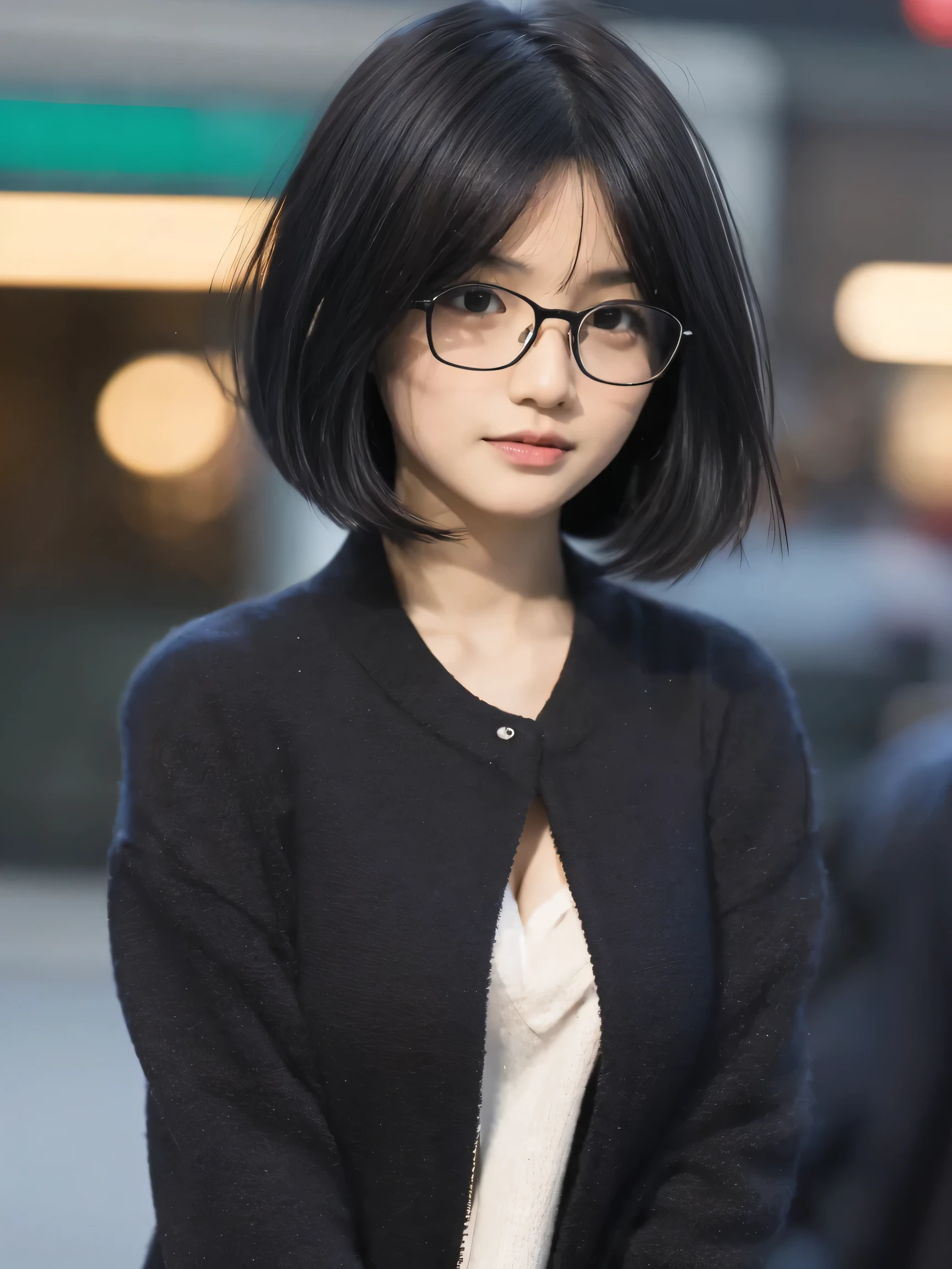 (highest quality)，Shinjuku at night，gravure，Cute plain-clothed woman with little exposure，Wear glasses，(black hair short cut hairstyle)，Here's the line of sight.，blur the background，big breasts，４K image quality