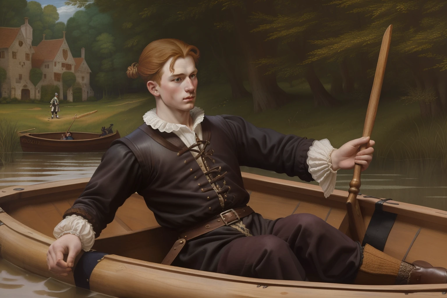 Cortrique, 1560. A young ((((22-year-old)) Barney Willard)), brave, handsome, stalwart, well-groomed, in a raft, ((fear expression)), ((((clothings from the 1560s)))), ((ginger hairstyle of the 1560s)), colorful, realistic