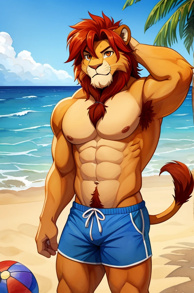 simba, a furry lion, furry, shirtless, muscular, male, masculine, red hair, yellowish fur, lion tail, brown eyes, hands up behind head, red hairy armpits, cartoony, illustration, sharp focus, smooth colors, watercolors, medium length hair, two blogs haircut, younger guy, swimming trunks, blue swimwear, topless, big pecs, alone, single, smooth lining, beach, beachball, towel