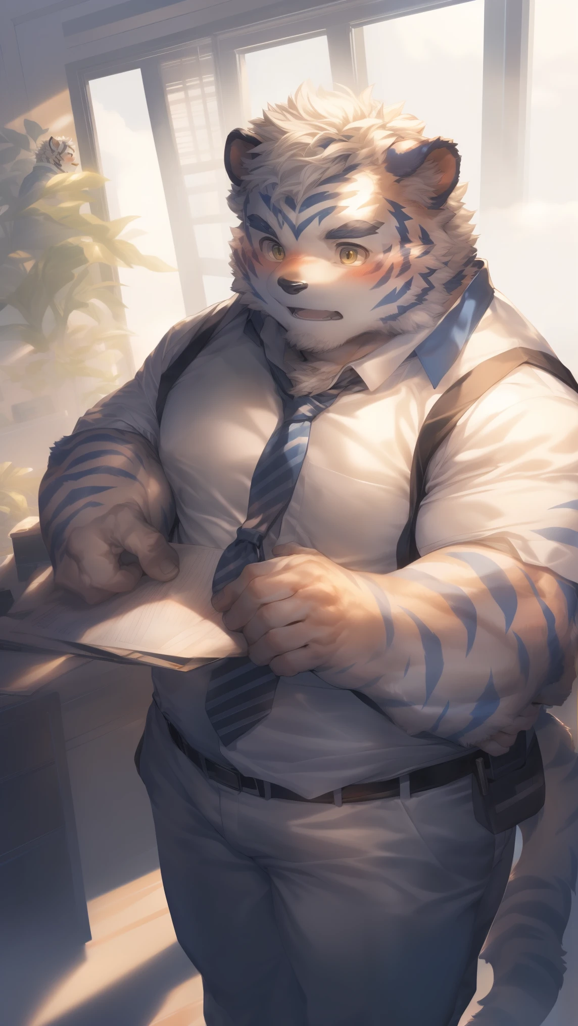 (through empty ghost, From thebigslick, through dark gems, Will chase), Keyuan Tower (Onmyoji Daisenji Temple), High quality photos, Perfect anatomical structure, Anthropomorphic white tiger, Men, 30 years old, thick eyebrows, Short beard，(short hair:1.5), Light blue stripes, Strong body, pectoralis major, Light grey shirt, Light blue tie，White stripes，Dark trousers, Small bump, In a modern office, 一只手拿着document夹, A hand writing，Shy expression, blush, Golden pupils, Look at the audience, Clear facial features, Strong, Solitary, Front view, Full body image, Fog atmosphere, sunshine through window，Shutters，Indoor greenery，document柜，document，Copier，Fax machine, etc.，Correct gestures