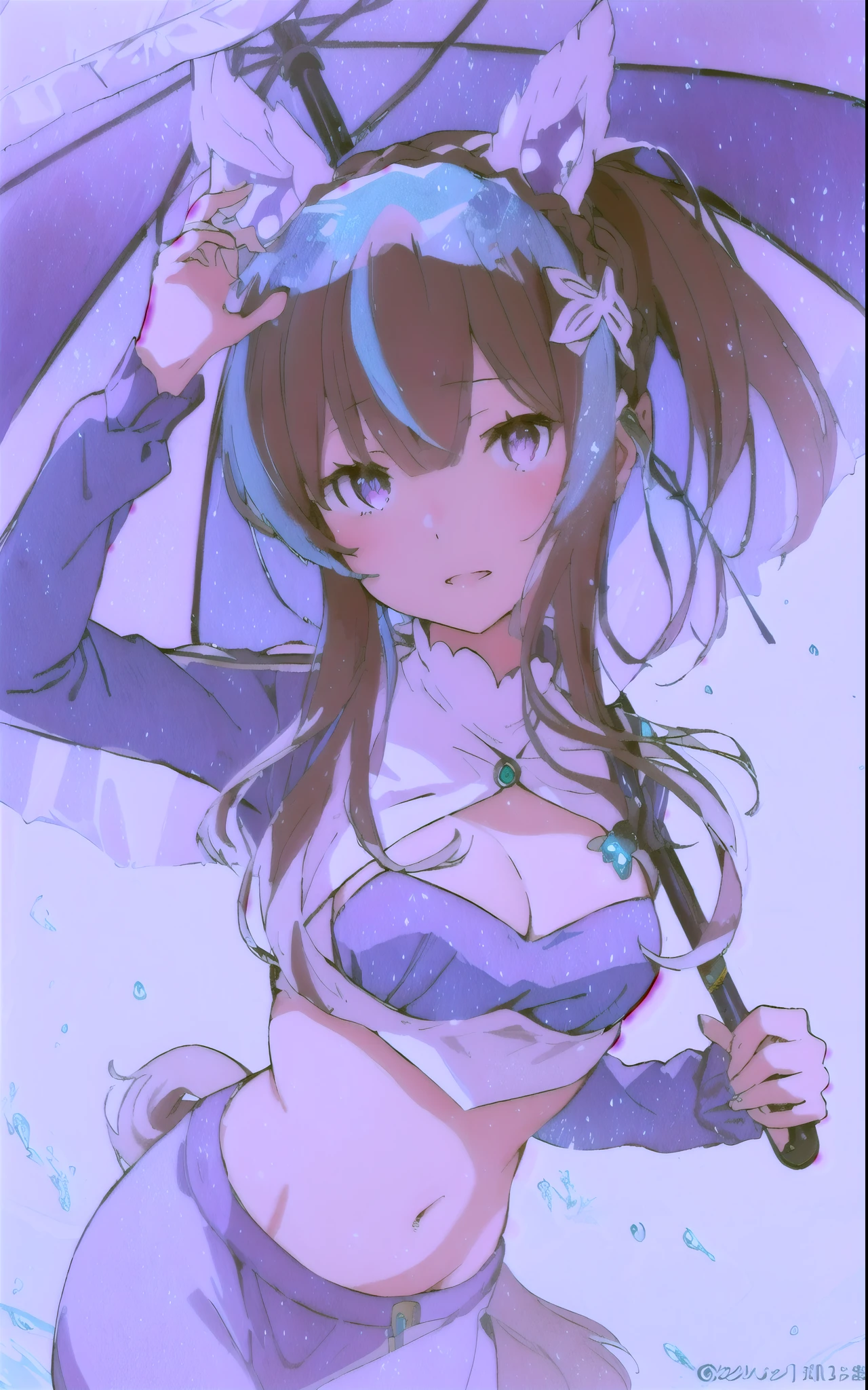 Emilia re:zero, purple eyes, Emilia, crown braid, x hair ornament, flower hair ornament, white hair, long hair, medium breasts, anime girl with blue cat ears and a blue top holding an umbrella, anime moe artstyle, (anime girl), pixiv, pixiv 3dcg, at pixiv, waifu, nagatoro, pixiv contest winner, top rated on pixiv, seductive anime girl, aqua from konosuba, trending on artstation pixiv, anime waifu