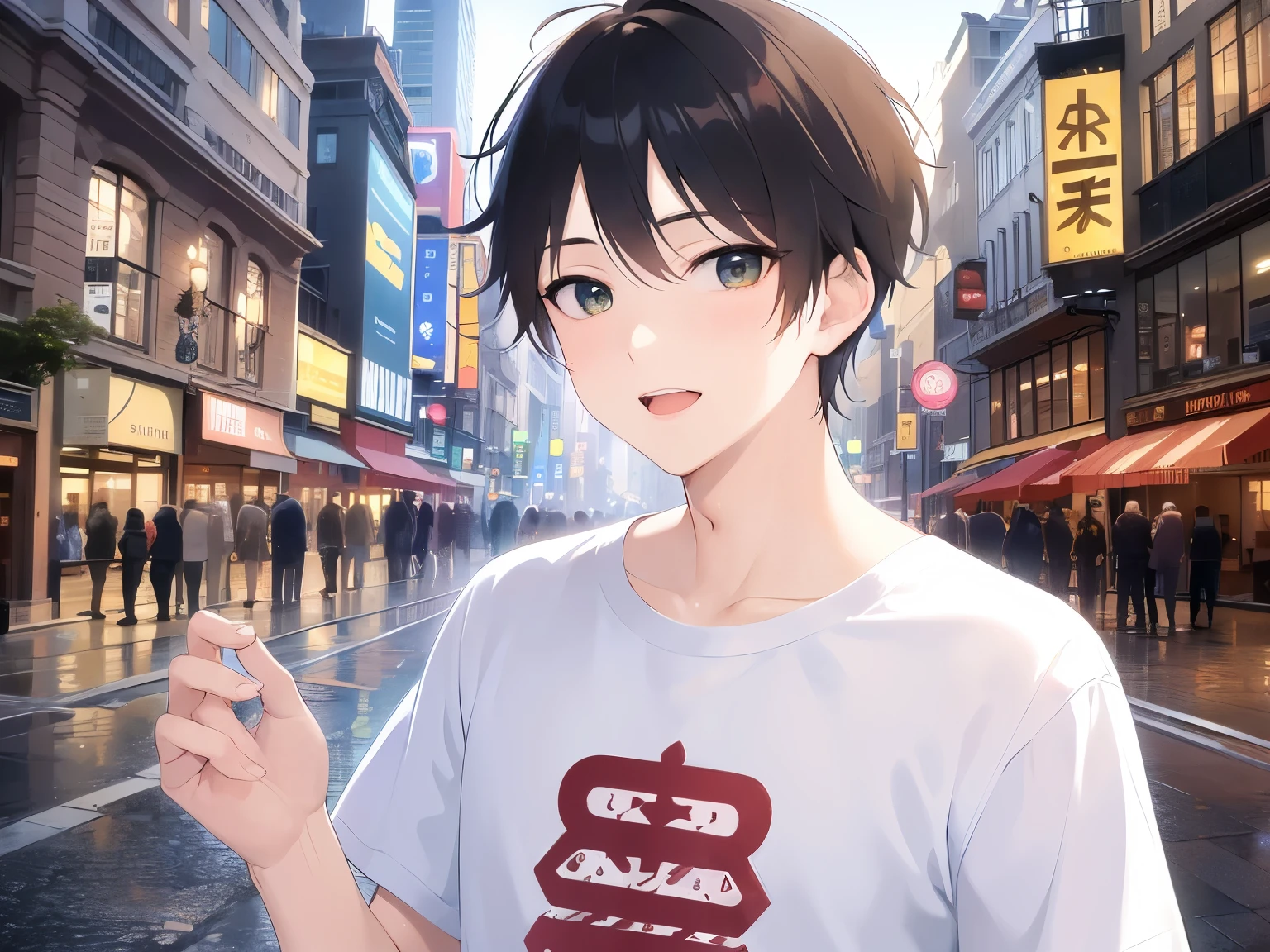 forward hands、Biologically correct five fingerasterpiece、highest quality、(25-year-old male:1.5) and (Brown short hair) and (Green Eyes) , (White T-shirt) 、smile、 The background is a shopping street at night、(Alone:1.5)、Upper body is shown、Are standing