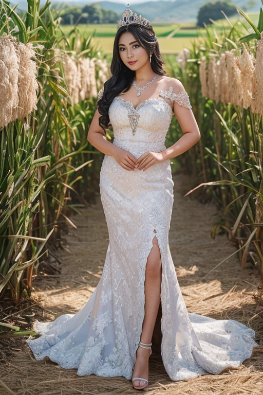 best quality, masterpiece, table shots, 1girl, Javanese white bridal kebaya, kebaya gown, long straight hair, blue black hair, dorn tiara or crown on hair, lux necklace, glamorous jewelry, Blushy face, tyndall effect, photorealistic, ample cleavage, (puffed_breasts, bright big_breast), sun-tanned lighting, full body, (high detailed skin:1.2), 8k uhd, dslr, RAW photography, high quality, high resolution, 8k, rice fields background