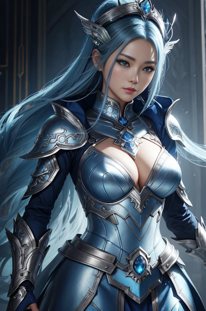 a close up of a woman in a silver and blue dress, chengwei pan on artstation, by Yang J, detailed fantasy art, stunning character art, fanart best artstation, epic exquisite character art, beautiful armor, extremely detailed artgerm, detailed digital anime art, artgerm on artstation pixiv, armor girl