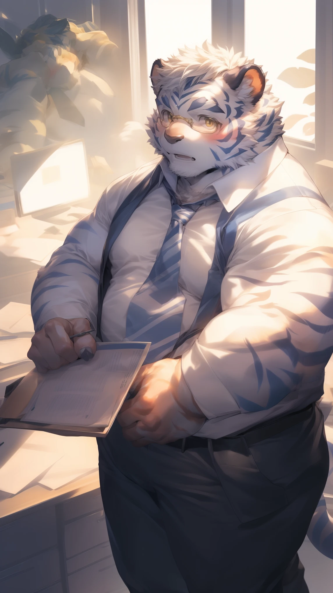 (through empty ghost, From thebigslick, through dark gems, Will chase), Keyuan Tower (Onmyoji Daisenji Temple), High quality photos, Perfect anatomical structure, Anthropomorphic white tiger, Men, 30 years old, thick eyebrows, Short beard,(short hair:1.5), Light blue stripes, Strong body, pectoralis major, Light grey shirt, Light blue tie,White stripes,Dark trousers, Small bump, In a modern office, 一只手拿着document夹, A hand writing,Shy expression, blush, Golden pupils, Look at the audience, Clear facial features, Strong, Solitary, Front view, Full body image, Fog atmosphere, sunshine through window,Shutters,Indoor greenery,document柜,document,Copier,Fax machine, etc.,Correct gestures