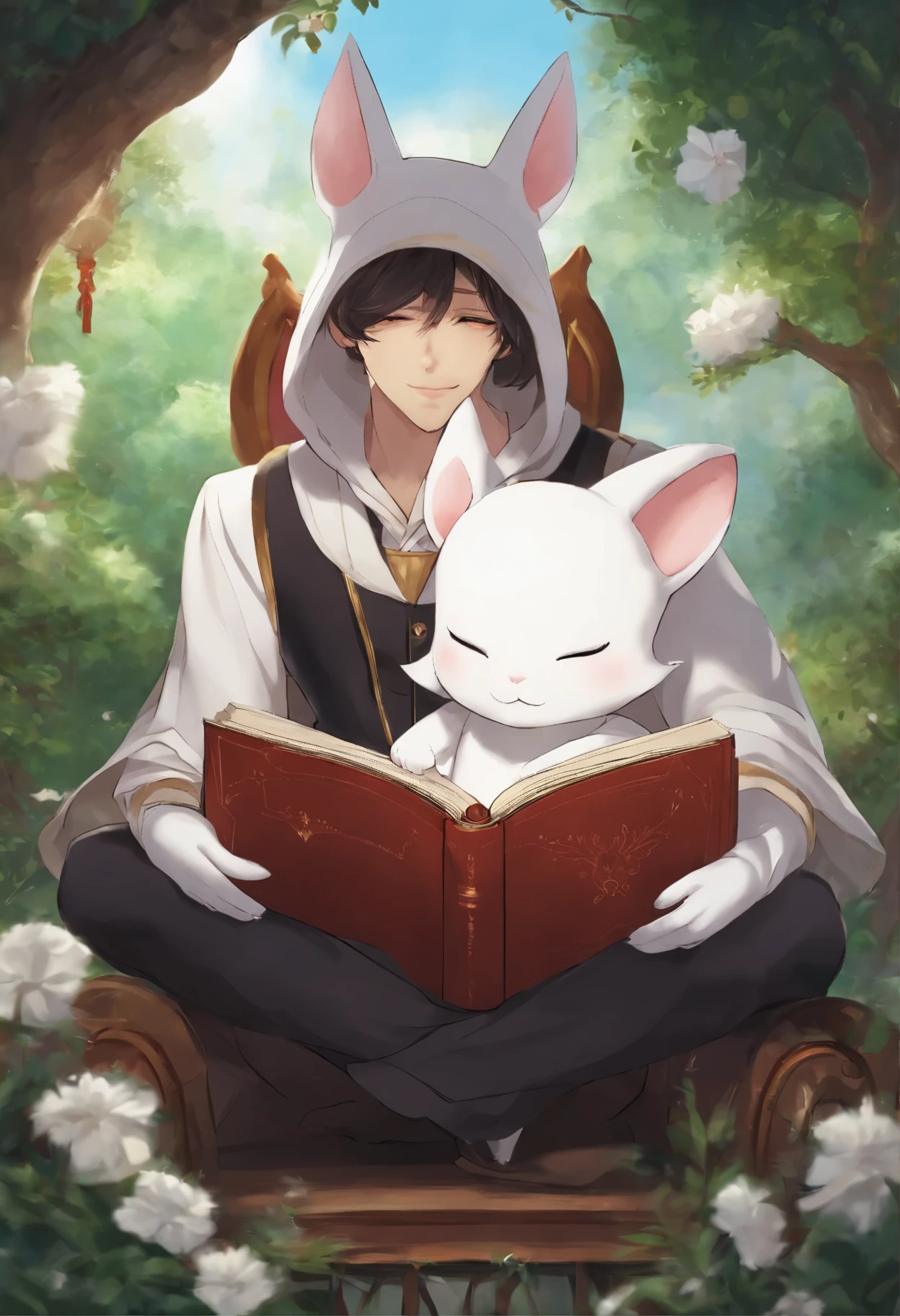 Five Hargreeves reading a book while Kyubey is sitting on his shoulder