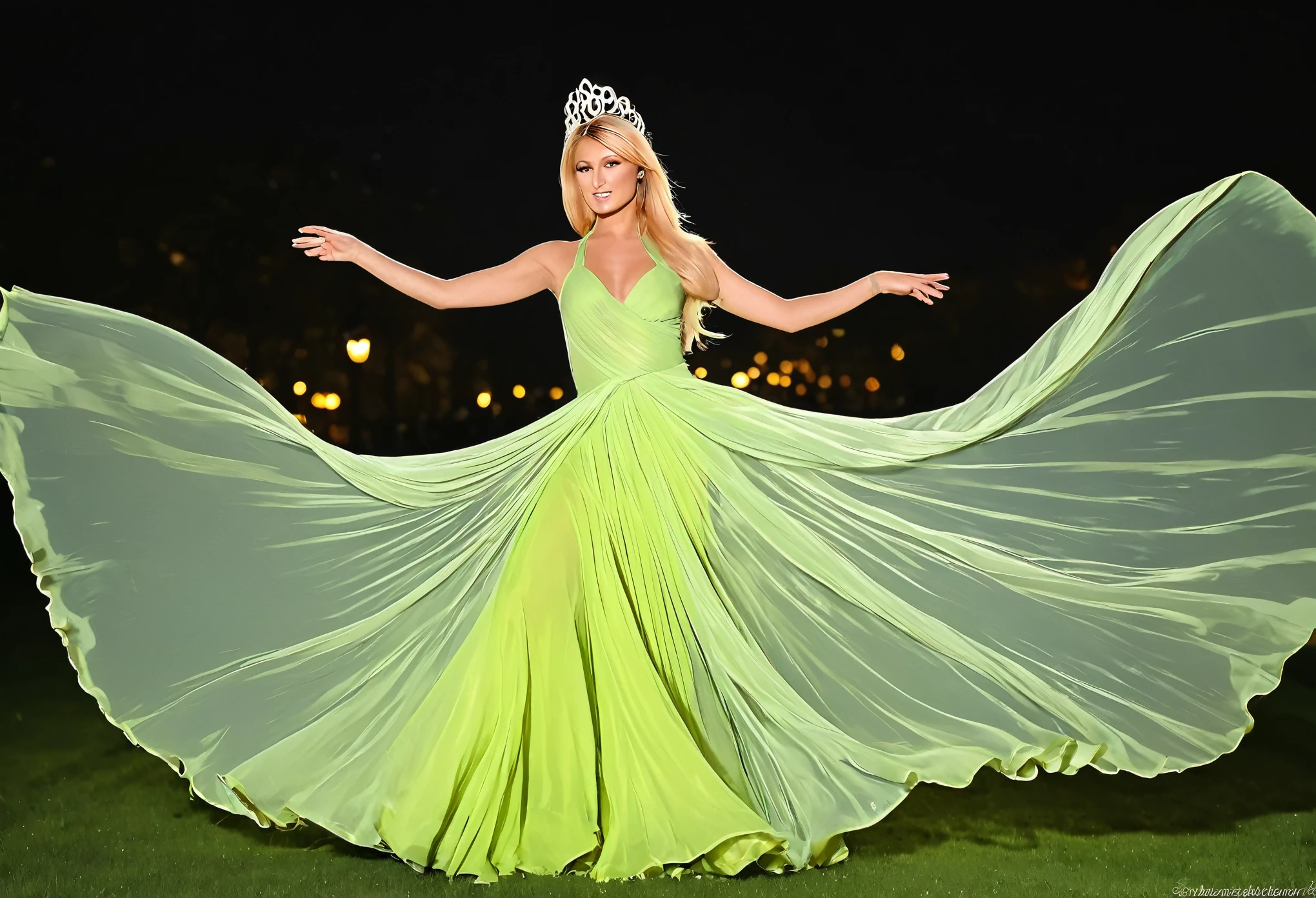 (Extreme complexity, multiple subjects) Genie (Milana Aleksandrovna Vayntrub (age 25) translucent colorful silk) in flamboyant clothing embracing with (Paris Hilton (age 25) sheer clothes swirling off and away in magical wind leaving her exposed and fearless) Paris is amazed and enjoying it greatly (she is not shy), set in an opulent magical princess bedroom on a moonlit night (These women do the kinds of things that only Prince would sing about)(Love, the kind you clean up with the mop and bucket)