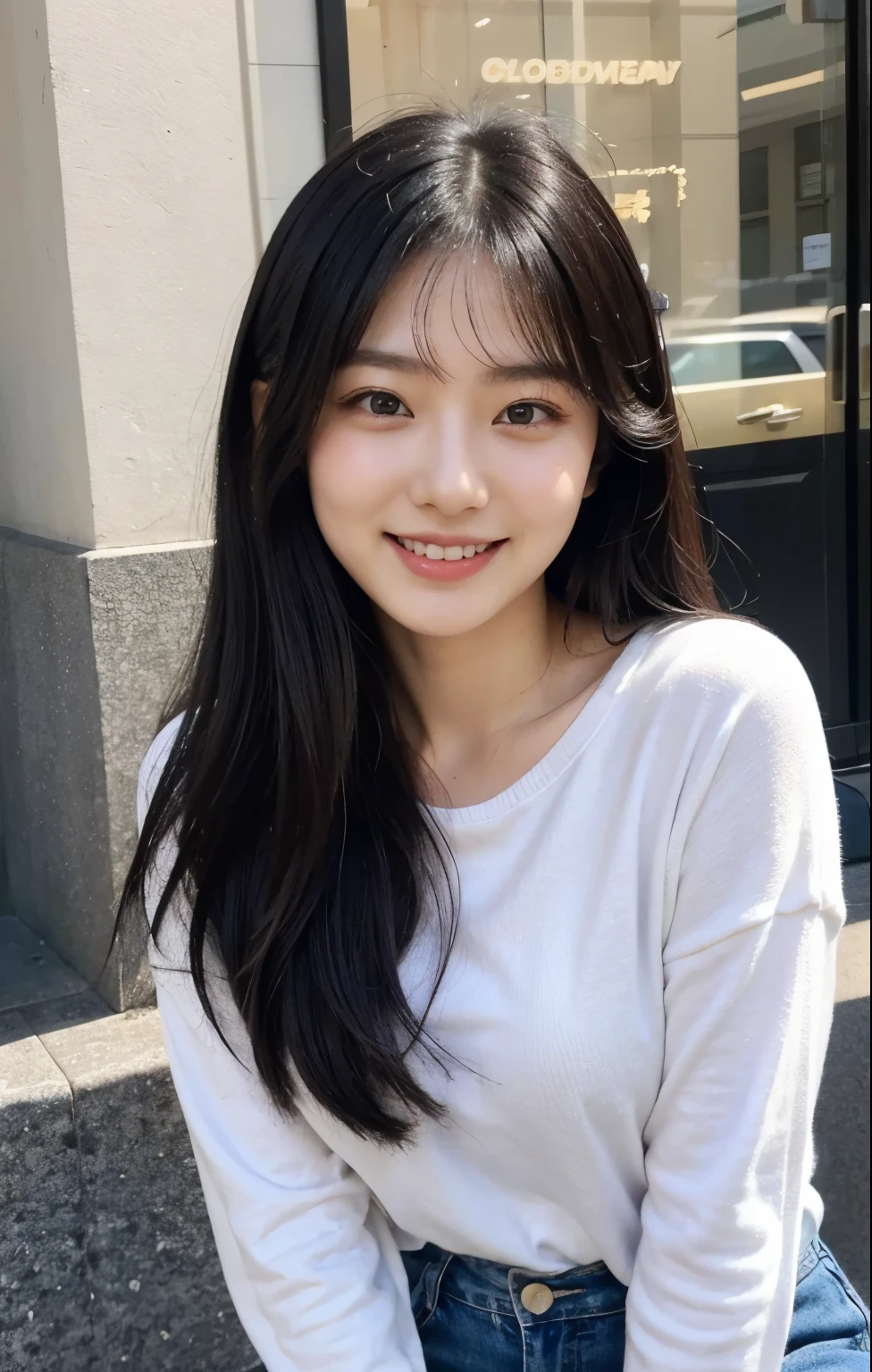 Japanese woman in her early 20s。With long hair、Black straight hair。Big eyes with crispness。Plump Cheeks。With a smile、Gives a soft impression。