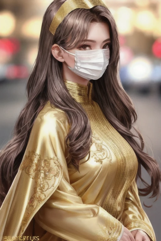 Supermodel with detailed long, curly, flowing hair, Dressed in golden clothes (Translucent and exquisitely embroidered) (Metallic Surgical Mesh Mask) Cover your face, ((mouth is hidden)), wearing strange future fashion, Luxurious and exquisite gold accents, photograph, Exquisitely crafted, Created, Scrupulous, grow, Maximum details, Extremely beautiful, Bokeh, プロの写真photograph