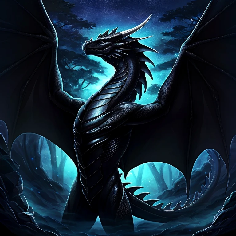 Ultra-detailed, a captivating full-size portrait showcases a black dragon with glossy, jet-black scales that seem to absorb the light. The dragon's scaled body is adorned with intricate, polished ridges and mesmerizing, vertical pupils. A majestic pose with spread wings reveals the vast expanse of its wings, almost like a night sky filled with stars. The dark dragon's eyes gleam with a profound intelligence and primal energy, giving off an aura of power and mystery. In the background lies a dimly lit, enchanting forest with the gentle sound of leaves rustling in the wind, creating a serene and mythical atmosphere. Ken