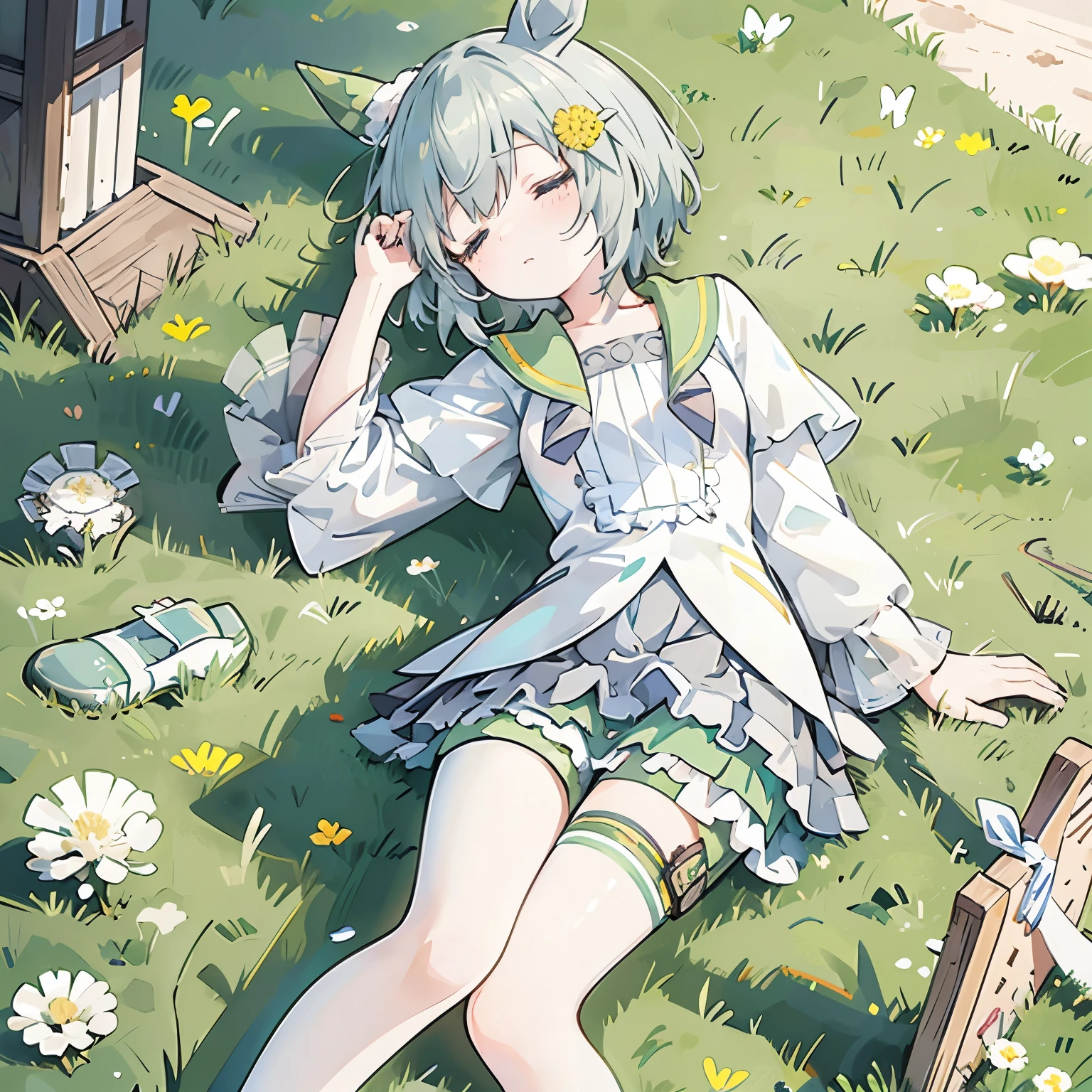 Seiun Sky | Uma Musume: Pretty Derby,horse ear,grassy ground,afternoon,sleeping,dandelion hair clip,lay on the ground, competition uniform,taking a nap,Victory server,Gray ruffled skirt,Green shorts under the skirt