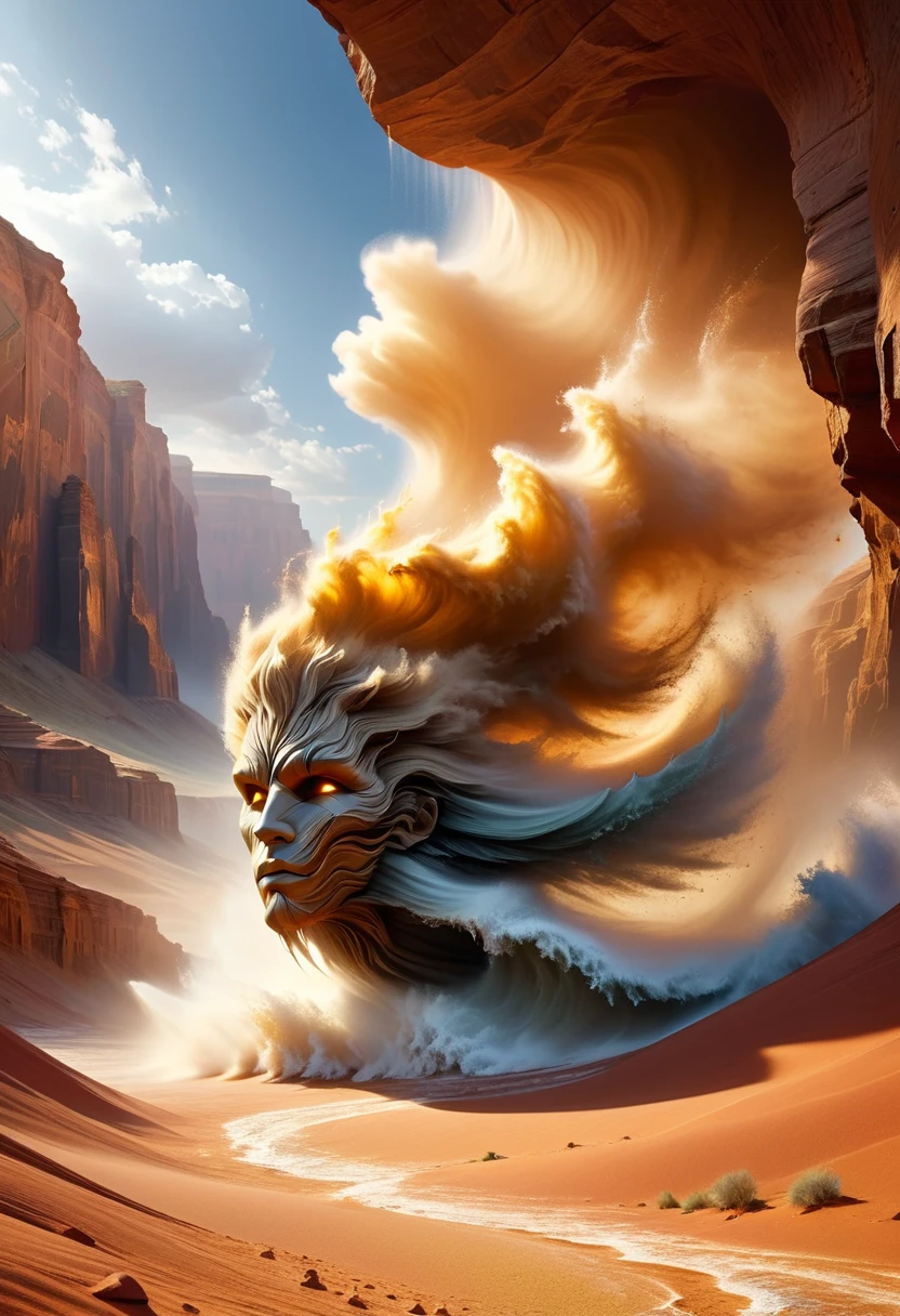 (desert canyon:1.5),Narrow canyon in the middle of the desert,sandstorm,tornado,The hurricane rolled up the yellow sand and covered the sky,Vast desert canyon,dramatic scenery,red sandstone formation,huge rock cliff,stunning landscape,deep and narrow ravine, in the style of photo realistic landscapes, Stone sculptures, cabin core, Stone, in the style of photo realistic landscapes, cabin core, tumbling wave,decorative background, photo realistic landscapes, large canvas format, 32k Ultra HD, photo, The best qualities of imaginative landscapes,4K,8k,high resolution,masterpiece:1.2),Super detailed,(actual,realistically,realistically:1.37),