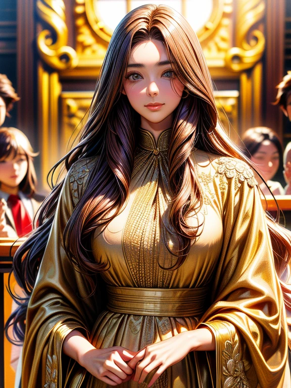 Supermodel with detailed long, curly, flowing hair, Dressed in golden clothes (Translucent and exquisitely embroidered) (Metal Surgical Face Guard) Cover your face, ((mouth is hidden)), wearing strange future fashion, Luxurious and exquisite gold accents, photograph, Exquisitely crafted, Created, Scrupulous, grow, Maximum details, Extremely beautiful, Bokeh, プロの写真photograph