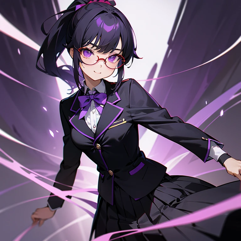 1 Girl, high school student, Black Hair, Short ponytail, (Purple)Eyes, big and sparkling eyes, (Big Highlights)入りEyes, Red glasses, (Black)Blazer Uniform, Long sleeve, Classic design, Purpleのリボン, (黒Purple)Pleated long skirt, Standing posture, Chippai, 〈Small breasts〉, kind, Ally, smile, elegant, looking at the camera, Front Light