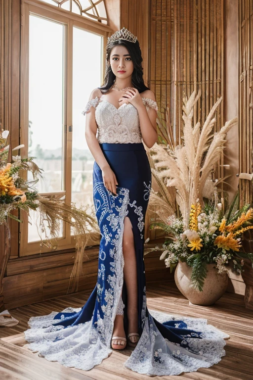 best quality, masterpiece, table shots, 1girl, Javanese white bridal kebaya, batik sarong mini skirt, long straight hair, blue black hair, dorn tiara or crown on hair, lux necklace, opened skins, Blushy face, tyndall effect, photorealistic, ample cleavage, (puffed_breasts, bright big_breast), sun-tanned lighting, full body, (high detailed skin:1.2), 8k uhd, dslr, RAW photography, high quality, high resolution, 8k, wedding room background
