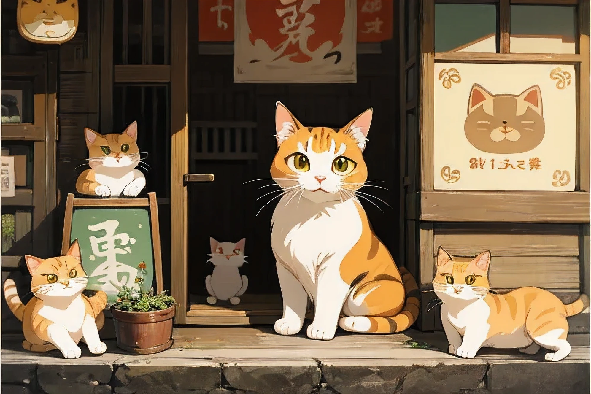 1calico cat icon, Ghibli style, Poster cat, anime style, maneki cat, antique shop