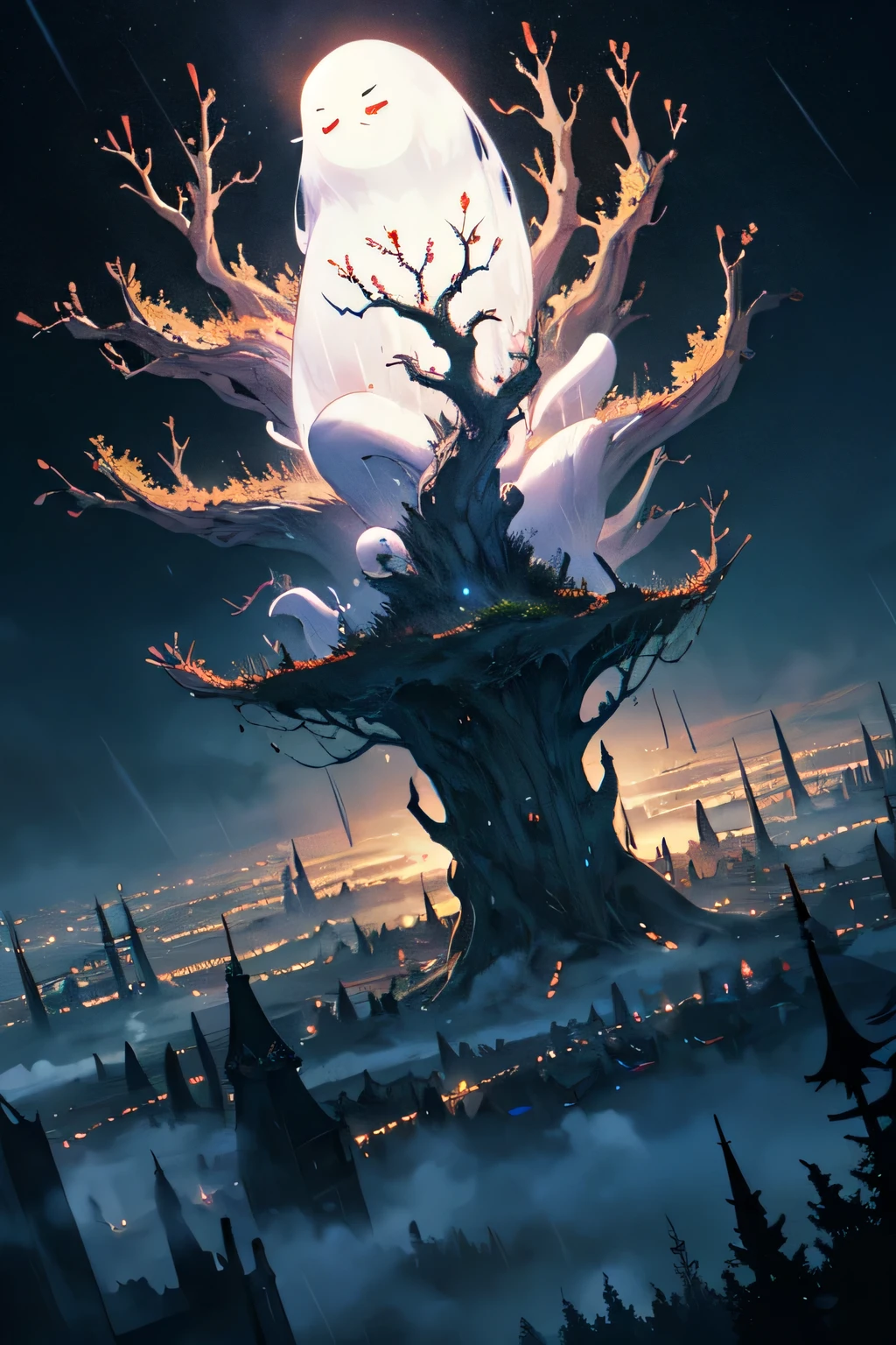 huge white ghost on foggy Yggdrasil, (heavy rain:1.2), night, deep fog, strong wind, motion blur, magnificent overlooking view, perfect magnificent dark fantasy world, dutch angle, ink painting style