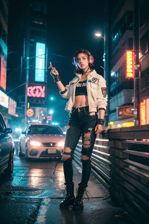 (film stock), (extremely detailed CG unity 8k wallpaper) full body portrait of a cyberpunk woman leaning on a wall in cyberpunk city street at night, (action scene), (wide angle), ((Night time)), city lights, ((neon cyberpunk city street:1.3)), (neon lights), stars, moon, (film grain:1.4), colored lighting, full body, cyberpunk woman in a futuristic city in a cyberpunk city, (hands in pockets), (leaning on wall), dynamic pose, ((rgb gamer headphones)), ((tanned skin:1.3)), ((angry)), (angry eyebrows), scowl, (e-girl blush:1.2) long hair, (freckles:0.9), detailed symmetrical face, (dark crimson hair:1.2), short hair, (messy hair bun), (undercut hair:1.4), punk girl, ((tattoos)), alt girl, ((face piercings:1.2)), ((fingerless gloves)), (brown eyes), many rings, reflective eyes, makeup, (red lipstick), (shiny lips), (white sclera), (sweat), ear piercings, detailed lighting, rim lighting, dramatic lighting, chiaroscuro, (white band shirt), ((ripped denim bomber jacket:1.1)), (jean jacket), long sleeves, bracelets, (torn blue jean pants:1.2)), (mom jeans), brick wall, (polluted sky), wall graffiti, ((doc martens)), ((combat boots)), (black shoelaces, muddy boots, (from below:1.2), (wide angle lens), professional majestic