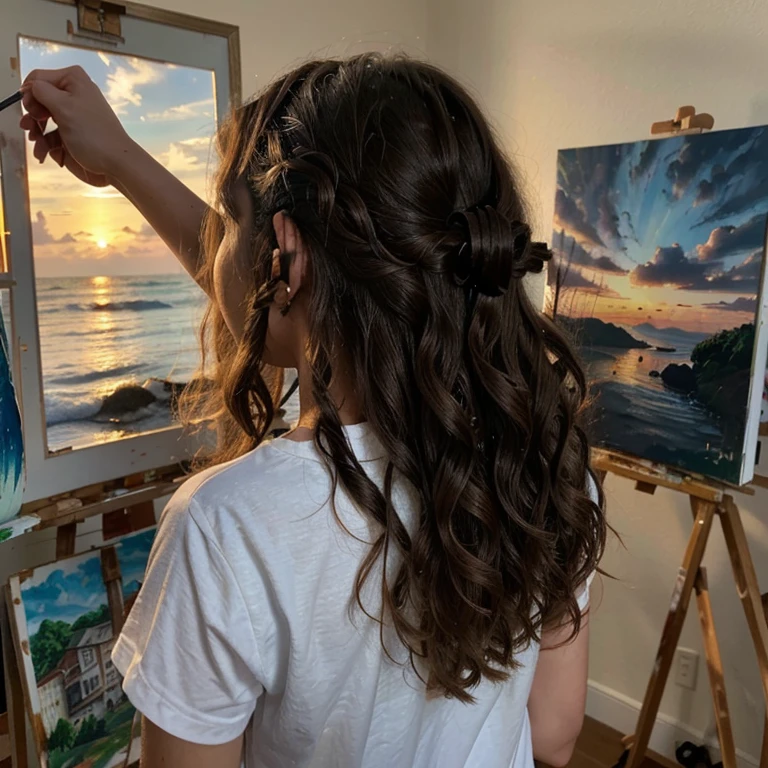  A girl with slight wavy curly hair medium length she is painting she is -17back view she is painting a sunset