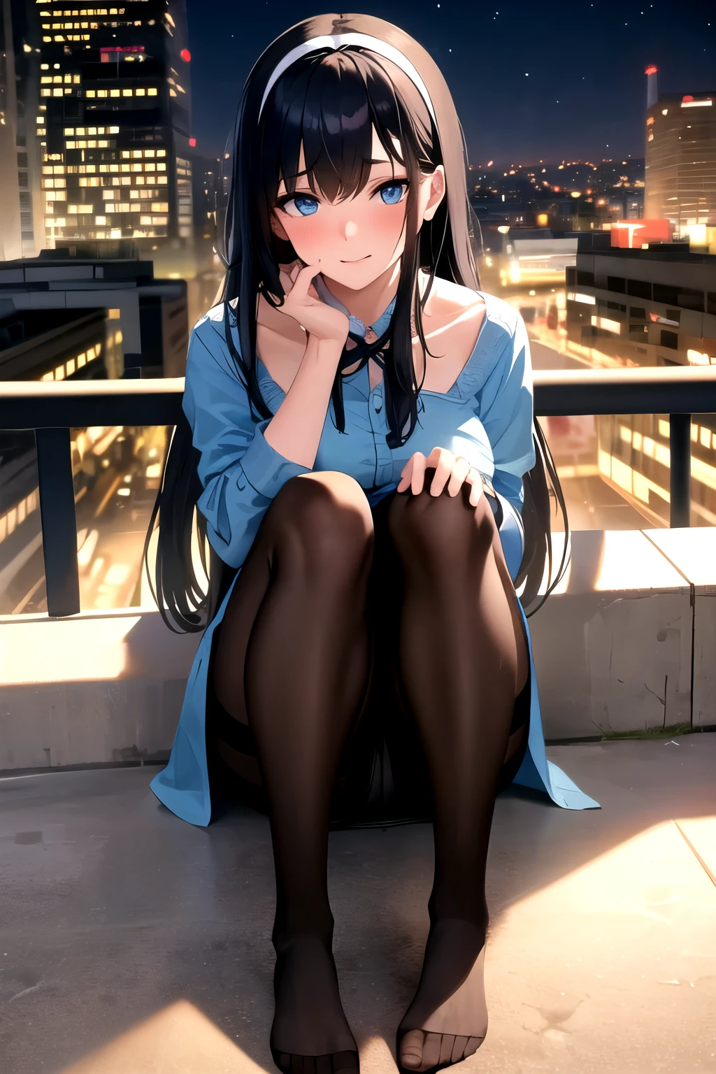 masterpiece, best quality, wallpaper, 1girl, long hair, black hair, sky blue eyes, hair accessories, cute, innocent, blouse, no pants, pantyhose, stockings, 35 years old female, innocent, safe for work, wholesome, city streets, night, no undergarment visible, no panty, only wearing pantyhose, mature face, mature body, medium breast, sitting pose with 2 feet standing and legs bent, L sitting, sitting on floor, front view, embarrassed face, Indian sitting style, 