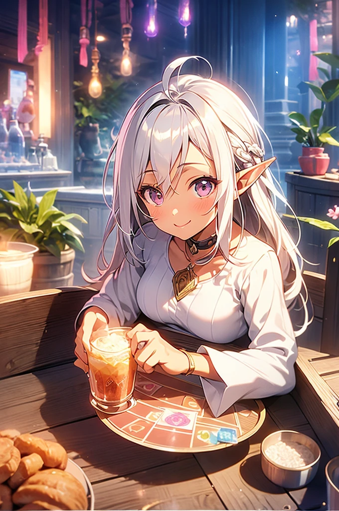 One elf woman, tanned brown skin, beautiful silver hair, pointed ears, pink lips, upper body depiction, smile, open lips, card game design, rare card, hologram card