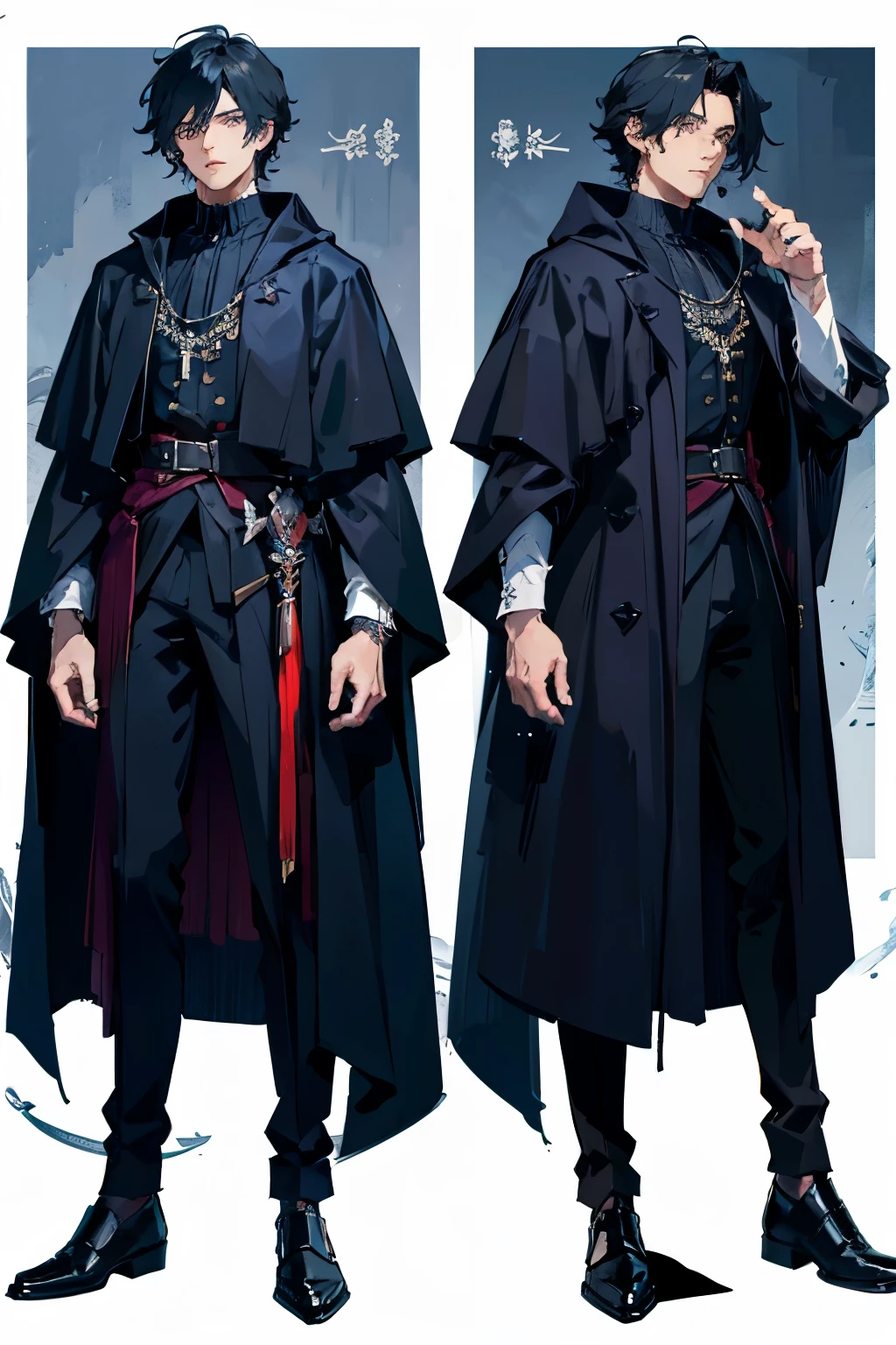 high quality
Handsome young man, adult, handsome appearance, feminine facial features, dressed in a long cloak and has a cane in his hand, Gothic style, handsome, reference sheet, multiple views, reference character, high quality