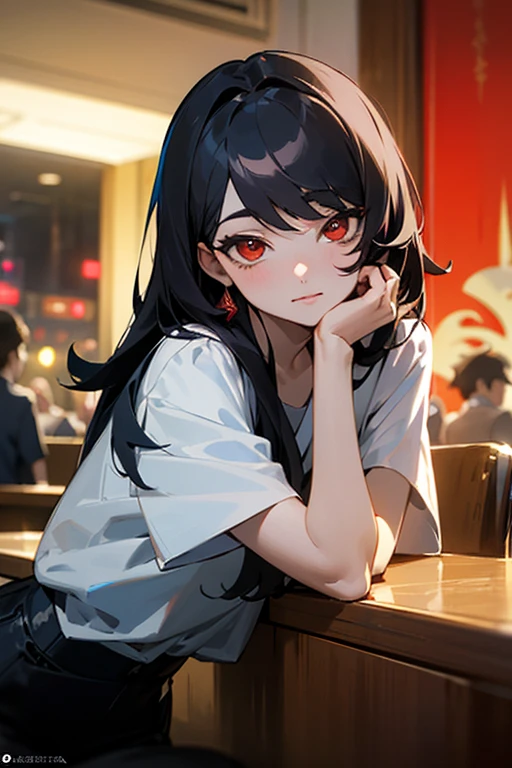 ((mejor calidad)), ((Obra maestra)), (detallado), cara perfecta, Joven de cabello ????? largo y lacio, ojos rojos, pale skin, asian factions, 19 years, esbelta, busto mediano, bonitas curvas, estilo anime, elegante, only character in the image, red eyes, waiting for you, cute face, sexy, in love with the viewer, in night club, club, night, drinking, black hair
