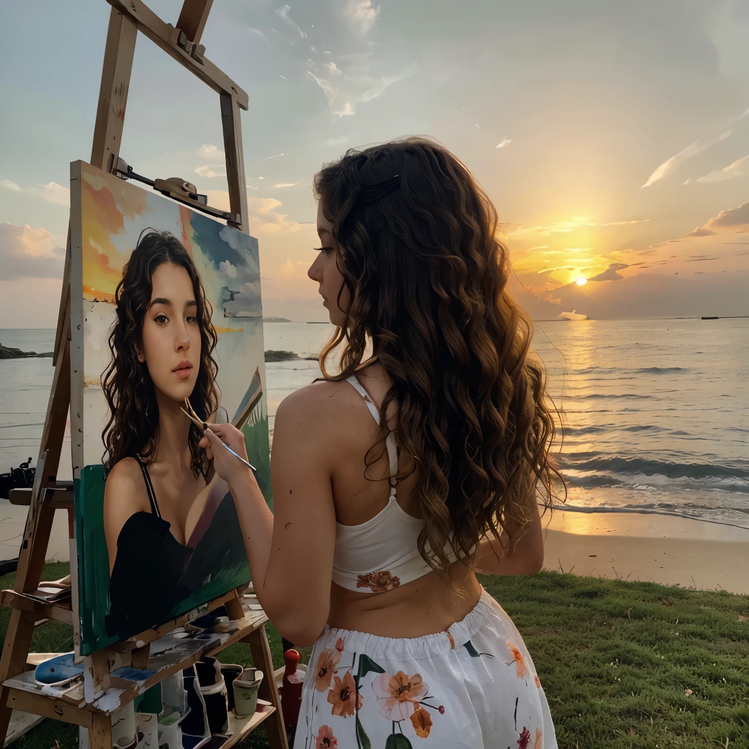 A girl with slight wavy curly hair medium length she is painting she is 16-17 age back view she is painting a sunset