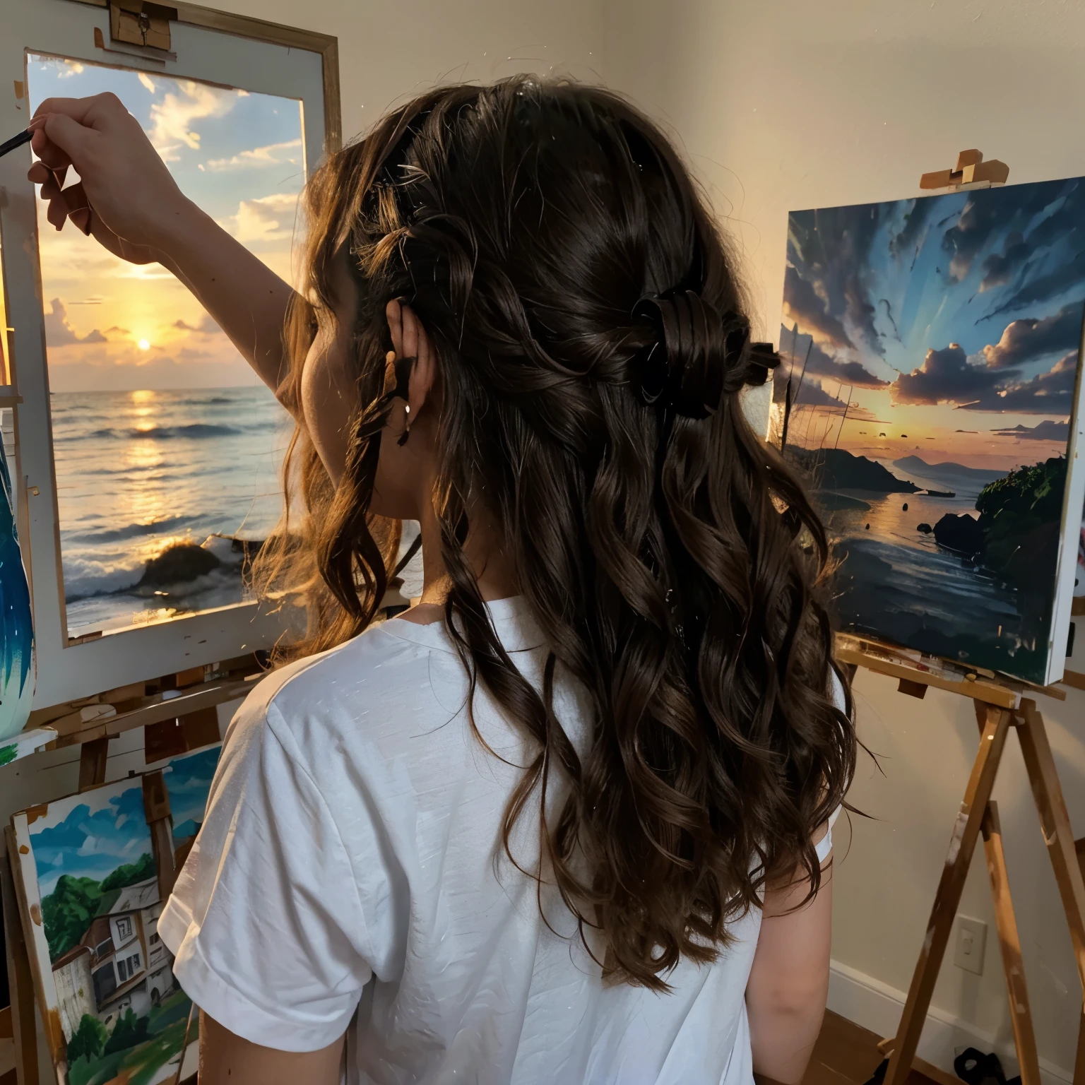 A girl with slight wavy curly hair medium length she is painting she is 16-17 age back view she is painting a sunset